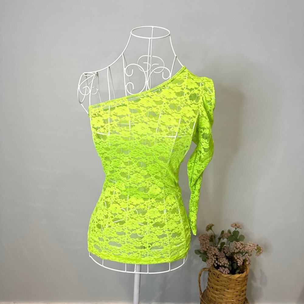 vintage y2k neon yellow/ green lace one shoulder asymetrical long sleeve top